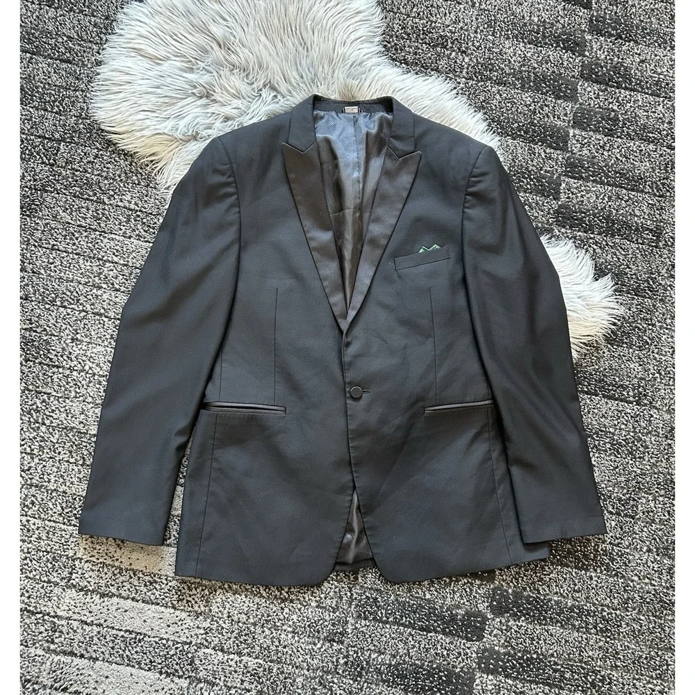 Super 140s Merino Wool Tux‎ Suit Jacket Men's 44L Slim Black One Button Wedding